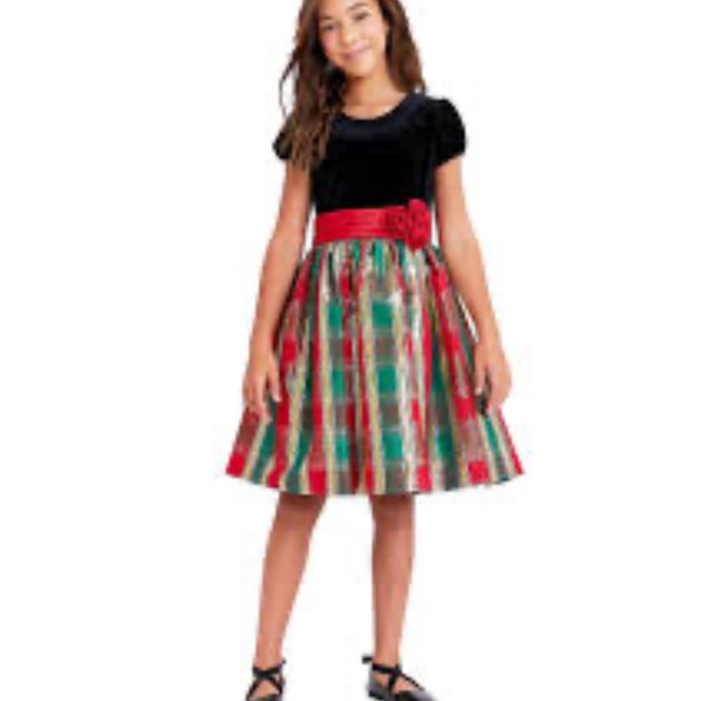 Bonnie Jean Stretch Velvet/Plaid Taffeta Fit-And-Flare Dress With Bag.